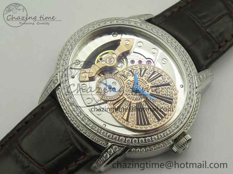 Millennium Series 15350 SS V9F 1:1 Best Edition Full Diamonds Black Markers on Brown Leather Strap A4101
