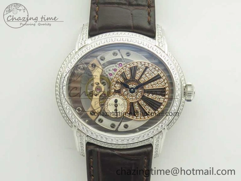 Millennium Series 15350 SS V9F 1:1 Best Edition Full Diamonds Black Markers on Brown Leather Strap A4101