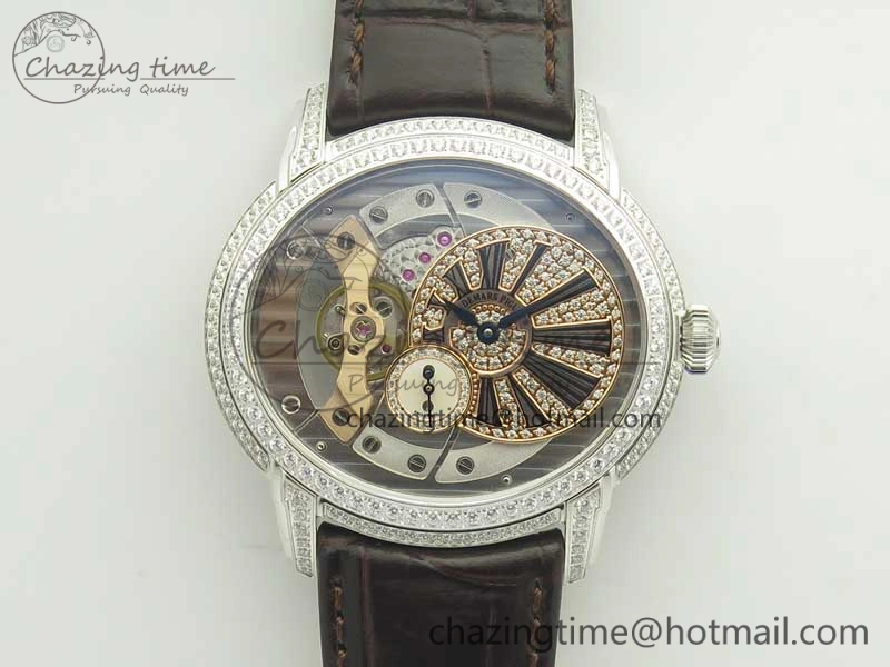 Millennium Series 15350 SS V9F 1:1 Best Edition Full Diamonds Black Markers on Brown Leather Strap A4101