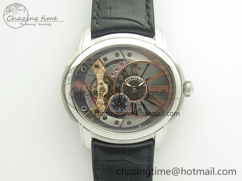 Millennium Series 15350 SS V9F 1:1 Best Edition Skeletonal Dial On Black Leather Strap A4101