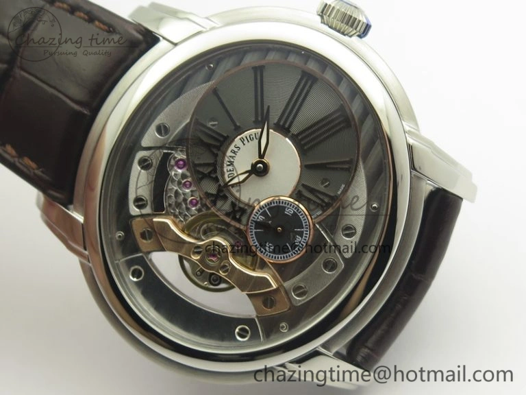 Millennium Series 15350 SS V9F 1:1 Best Edition Skeletonal Dial On Dark Brown Leather Strap A4101