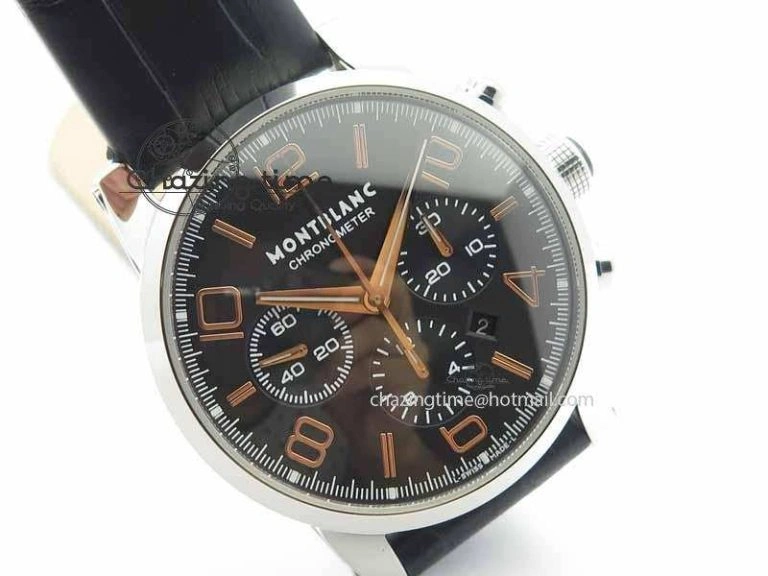 Montblanc Timewalker Chrono SS Black Dial RG Numerals On Leather Strap A7750
