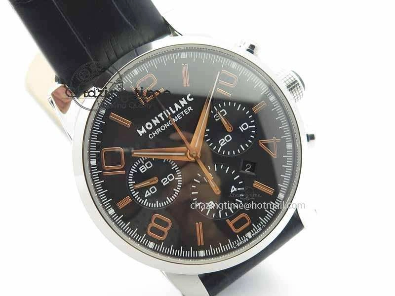 Montblanc Timewalker Chrono SS Black Dial RG Numerals On Leather Strap A7750