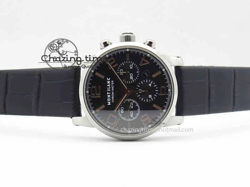 Montblanc Timewalker Chrono SS Black Dial RG Numerals On Leather Strap A7750