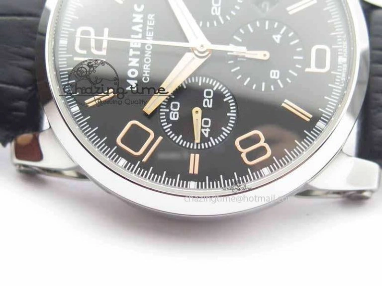Montblanc Timewalker Chrono SS Black Dial RG Numerals On Leather Strap A7750