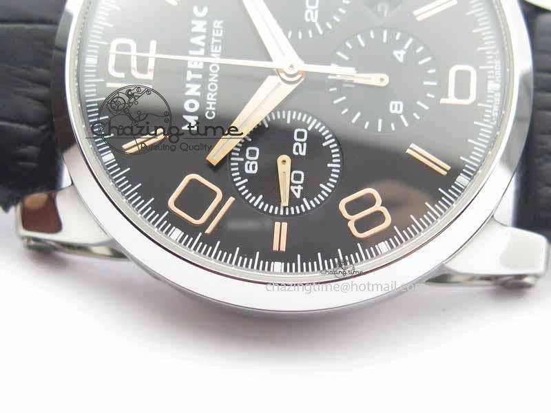 Montblanc Timewalker Chrono SS Black Dial RG Numerals On Leather Strap A7750