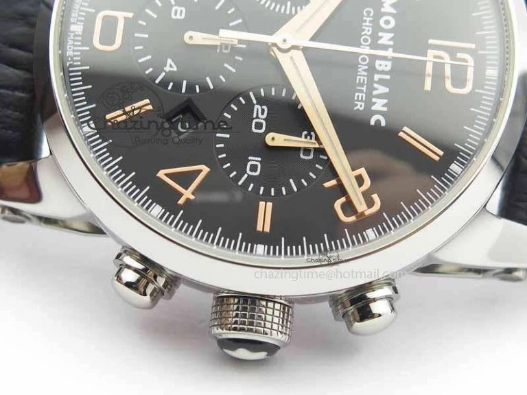 Montblanc Timewalker Chrono SS Black Dial RG Numerals On Leather Strap A7750