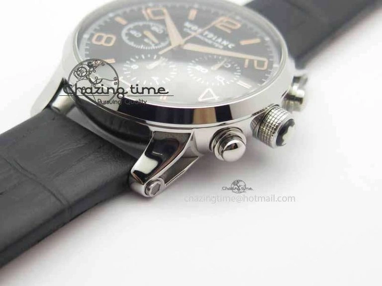 Montblanc Timewalker Chrono SS Black Dial RG Numerals On Leather Strap A7750