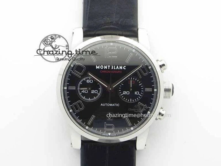 Montblanc Timewalker Chrono SS Black Dial Red 30 Sub Dial On Leather Strap A7750