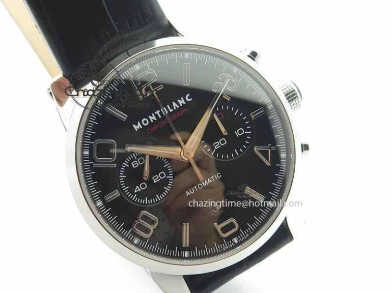 Montblanc Timewalker Chrono SS Black Dial Red 30 Sub Dial On Leather Strap A7750