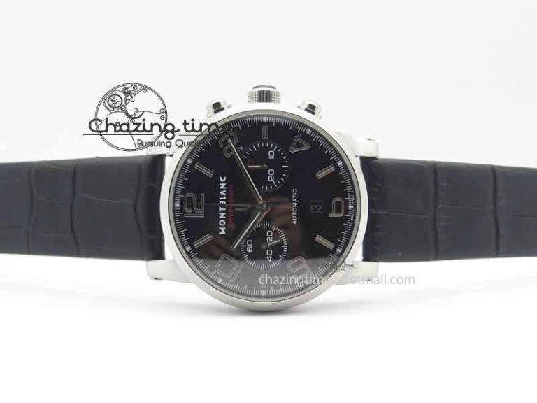 Montblanc Timewalker Chrono SS Black Dial Red 30 Sub Dial On Leather Strap A7750