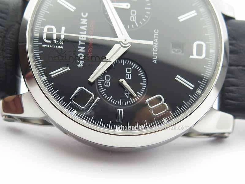 Montblanc Timewalker Chrono SS Black Dial Red 30 Sub Dial On Leather Strap A7750