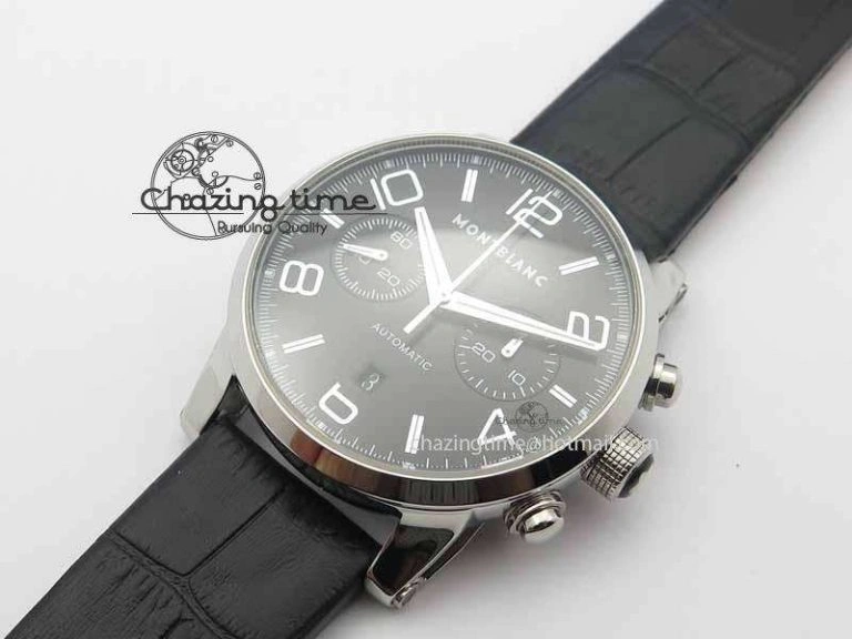 Montblanc Timewalker Chrono SS Black Dial Red 30 Sub Dial On Leather Strap A7750