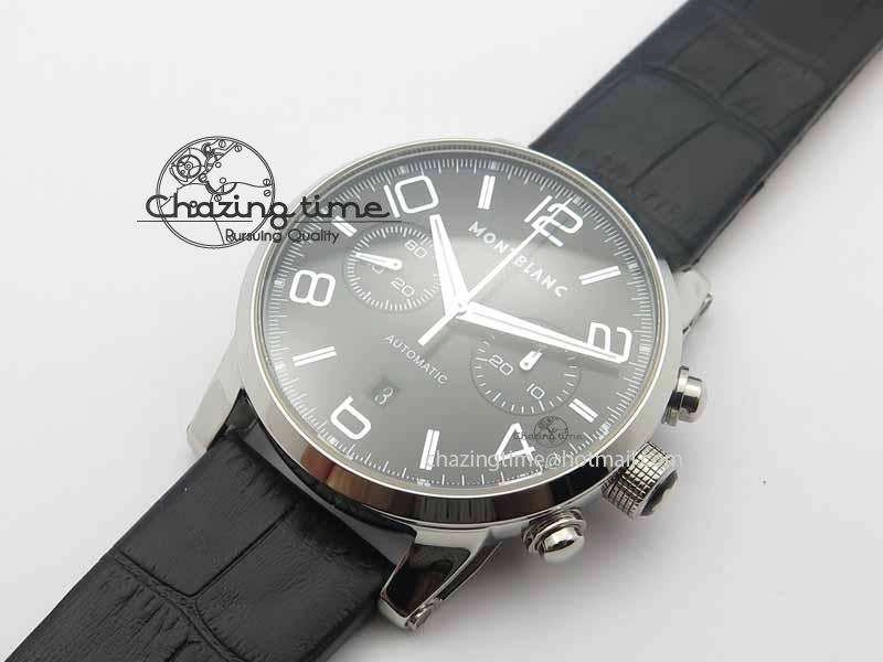 Montblanc Timewalker Chrono SS Black Dial Red 30 Sub Dial On Leather Strap A7750