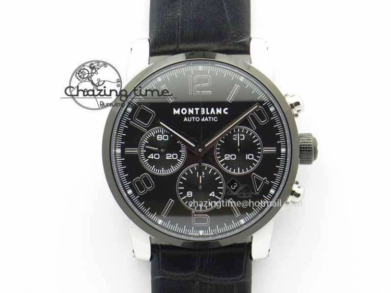 Montblanc Timewalker Chrono SS Black Dial Red 30 Sub Dial On Leather Strap A7750