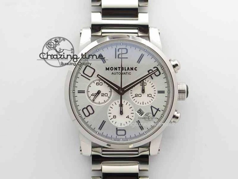 Montblanc Timewalker Chrono SS White Dial RG Numerals On Leather Strap A7750