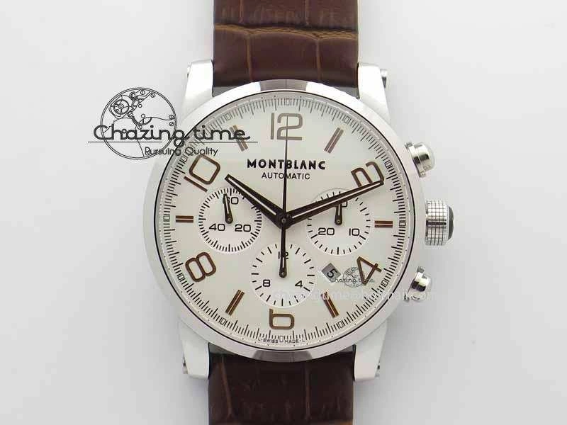 Montblanc Timewalker Chrono SS White Dial RG Numerals On Leather Strap A7750
