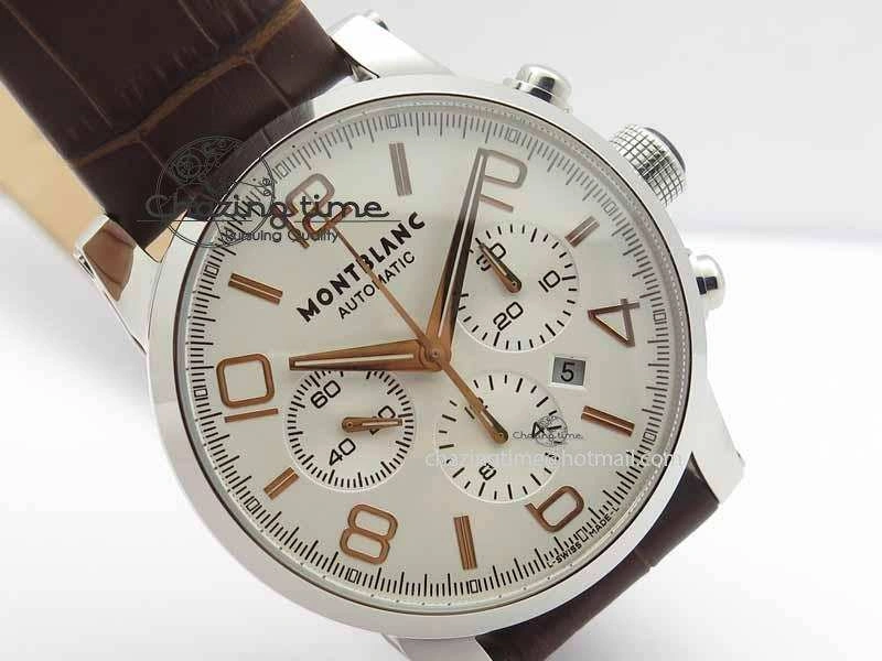 Montblanc Timewalker Chrono SS White Dial RG Numerals On Leather Strap A7750