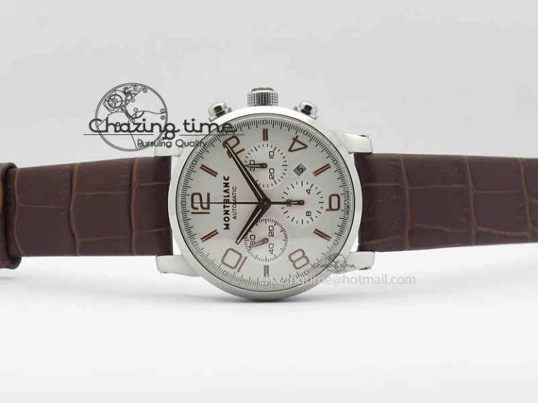 Montblanc Timewalker Chrono SS White Dial RG Numerals On Leather Strap A7750