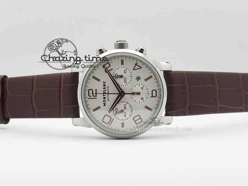 Montblanc Timewalker Chrono SS White Dial RG Numerals On Leather Strap A7750