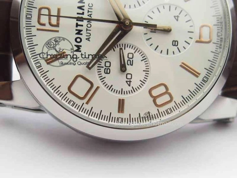 Montblanc Timewalker Chrono SS White Dial RG Numerals On Leather Strap A7750