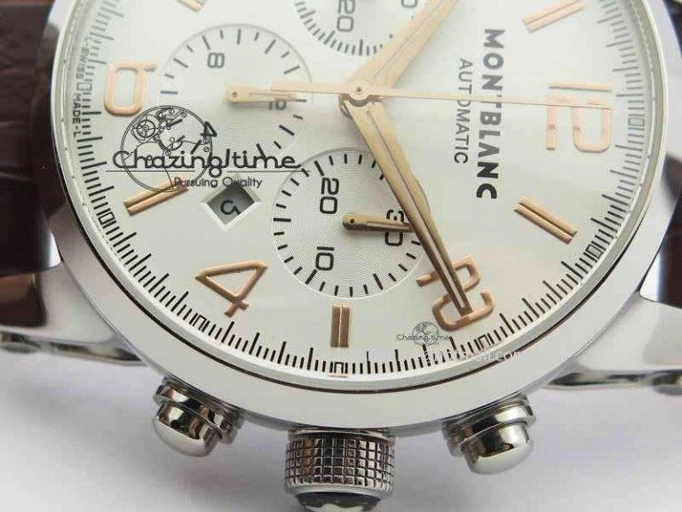 Montblanc Timewalker Chrono SS White Dial RG Numerals On Leather Strap A7750