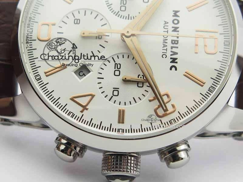 Montblanc Timewalker Chrono SS White Dial RG Numerals On Leather Strap A7750