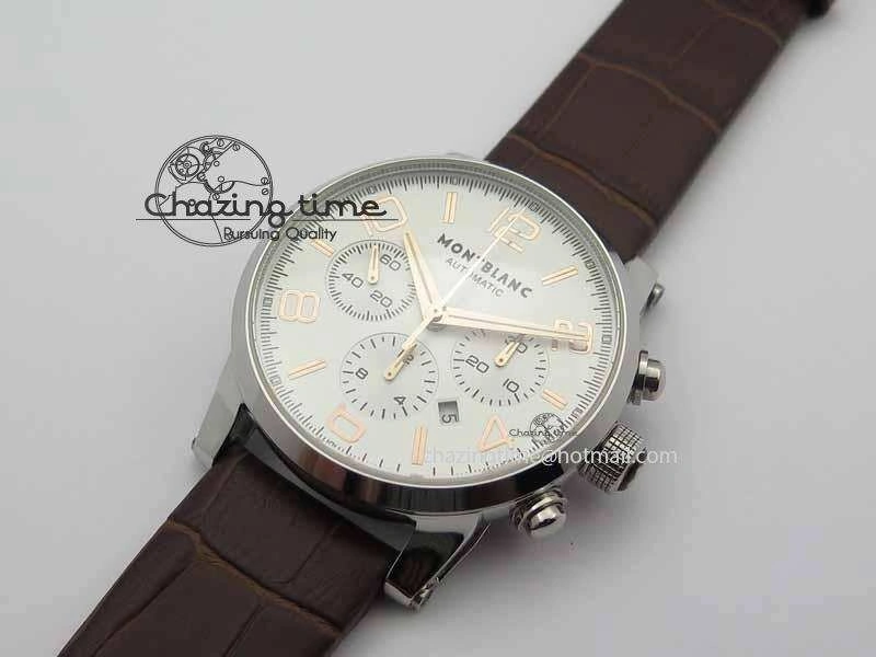 Montblanc Timewalker Chrono SS White Dial RG Numerals On Leather Strap A7750