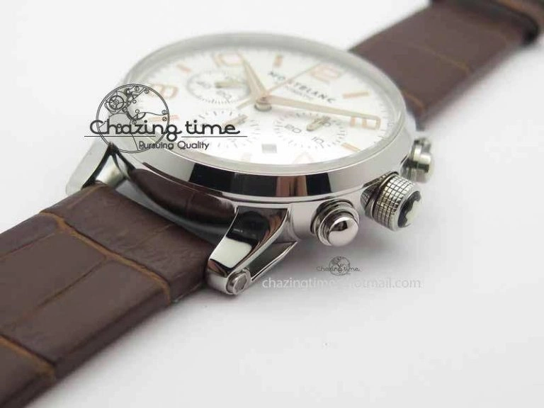 Montblanc Timewalker Chrono SS White Dial RG Numerals On Leather Strap A7750