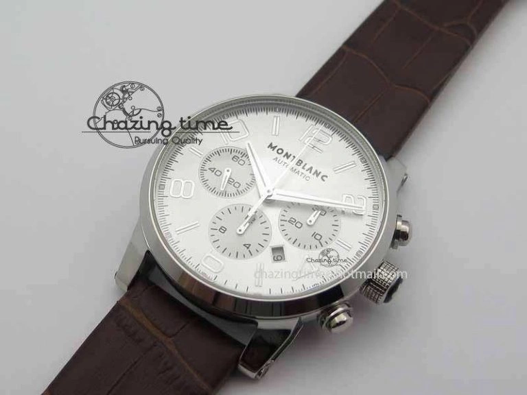 Montblanc Timewalker Chrono SS White Dial Silver Numerals On Leather Strap A7750