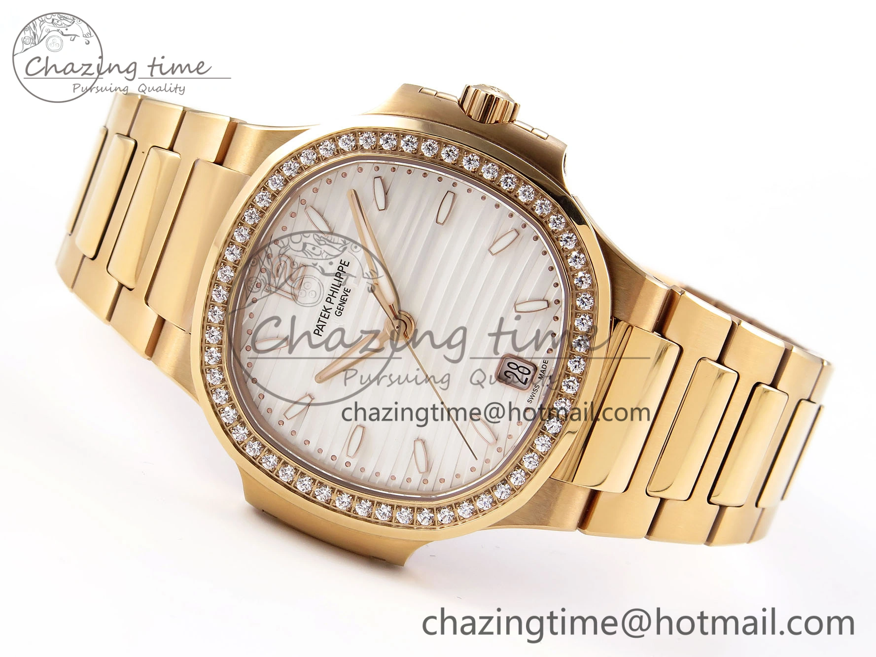 NAUTILUS 7118 LADIES RG PPF 1:1 BEST EDITION WHITE DIAL DIAMONDS BEZEL ON RG BRACELET 324CS