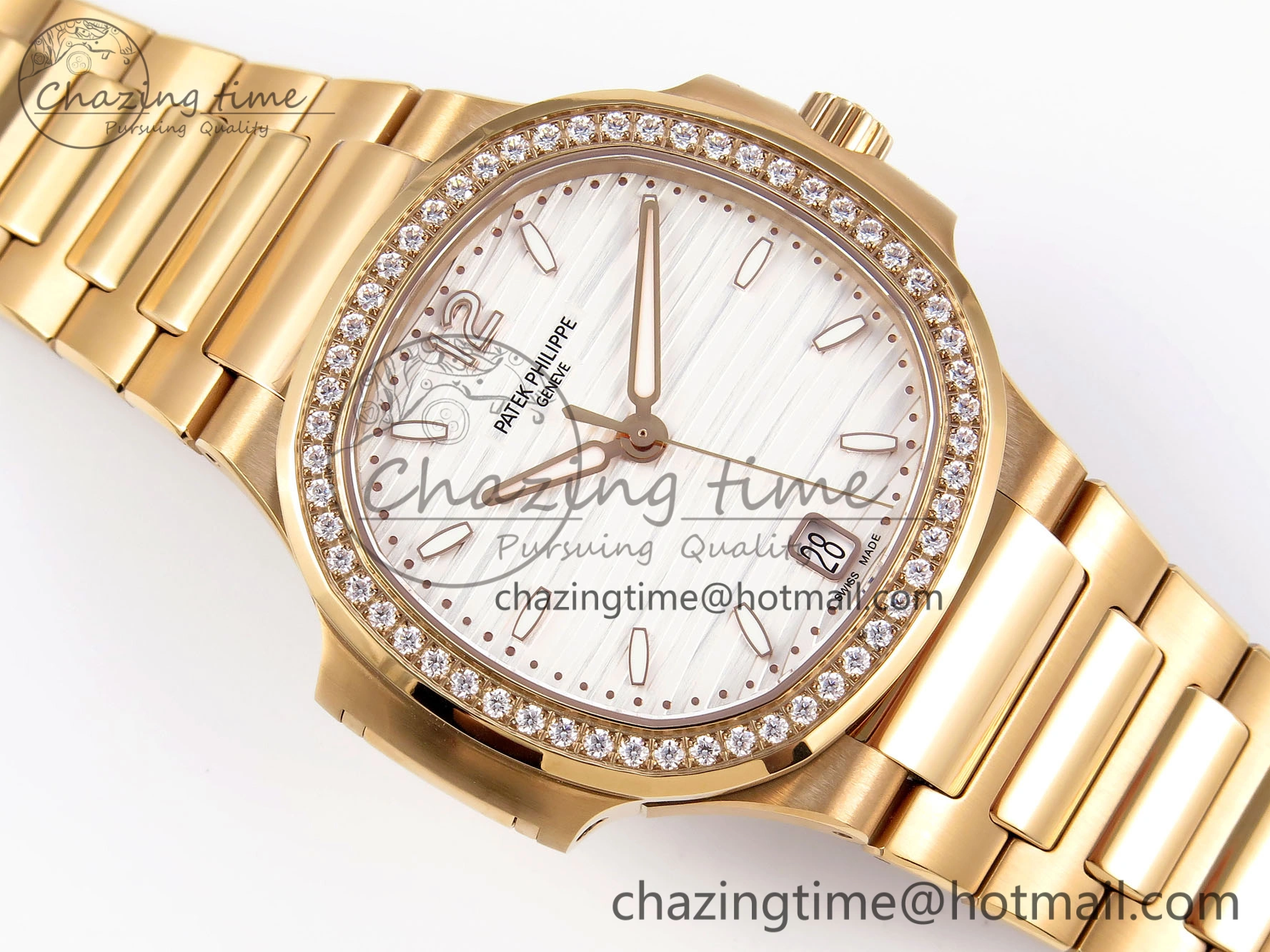NAUTILUS 7118 LADIES RG PPF 1:1 BEST EDITION WHITE DIAL DIAMONDS BEZEL ON RG BRACELET 324CS