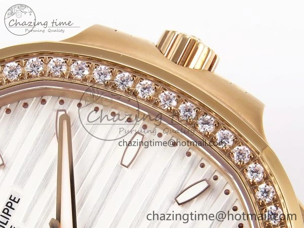 NAUTILUS 7118 LADIES RG PPF 1:1 BEST EDITION WHITE DIAL DIAMONDS BEZEL ON RG BRACELET 324CS