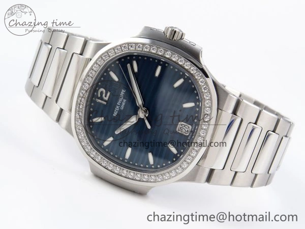 NAUTILUS 7118 LADIES SS PPF 1:1 BEST EDITION BLUE DIAL DIAMONDS BEZEL ON SS BRACELET 324CS