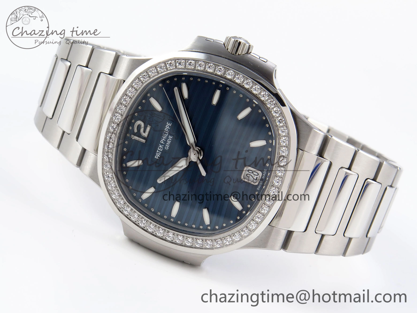 NAUTILUS 7118 LADIES SS PPF 1:1 BEST EDITION BLUE DIAL DIAMONDS BEZEL ON SS BRACELET 324CS