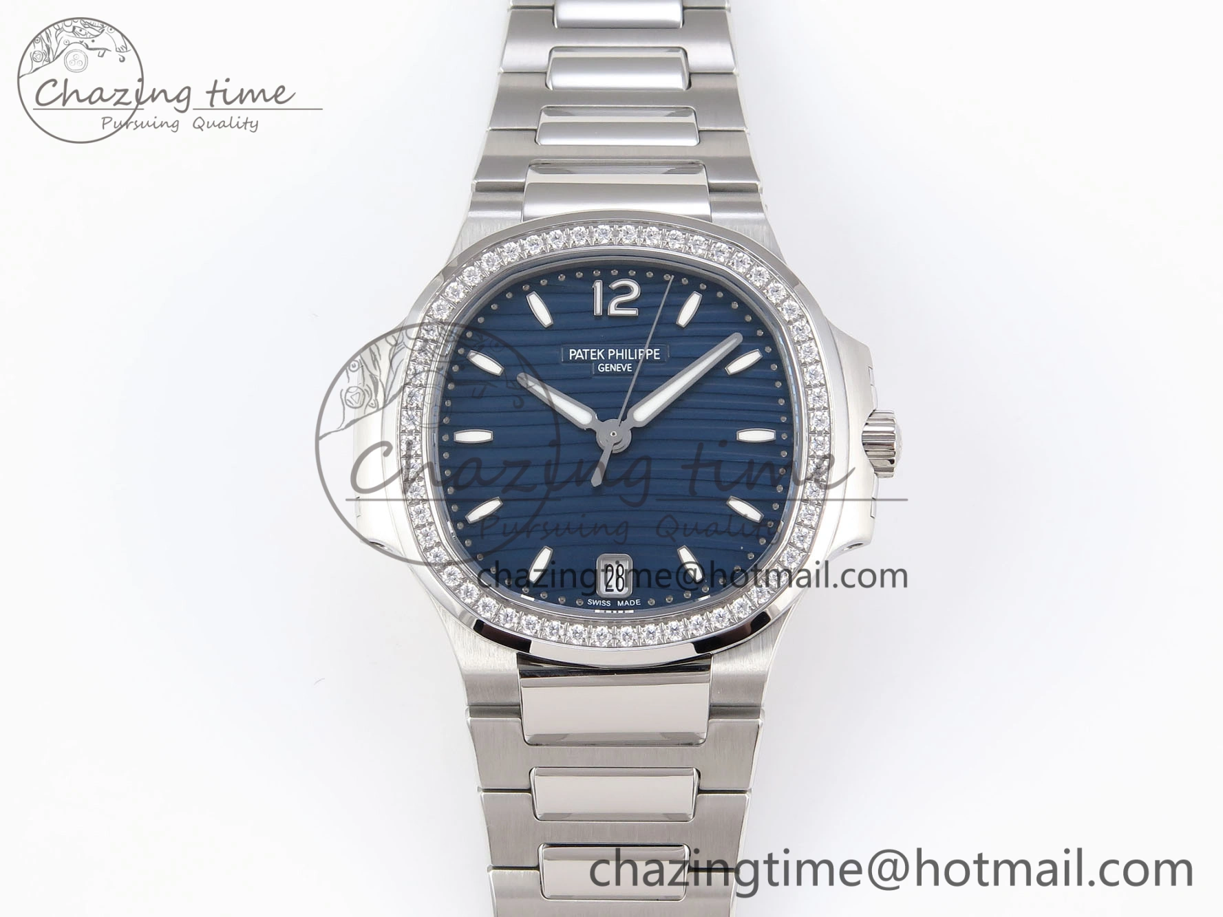 NAUTILUS 7118 LADIES SS PPF 1:1 BEST EDITION BLUE DIAL DIAMONDS BEZEL ON SS BRACELET 324CS