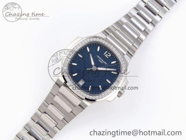 NAUTILUS 7118 LADIES SS PPF 1:1 BEST EDITION BLUE DIAL DIAMONDS BEZEL ON SS BRACELET 324CS