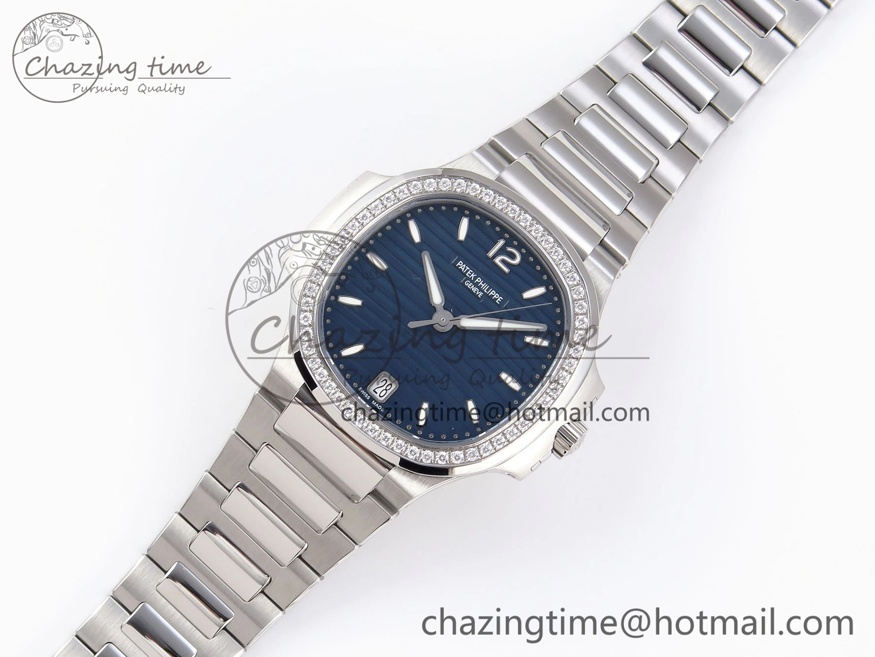 NAUTILUS 7118 LADIES SS PPF 1:1 BEST EDITION BLUE DIAL DIAMONDS BEZEL ON SS BRACELET 324CS