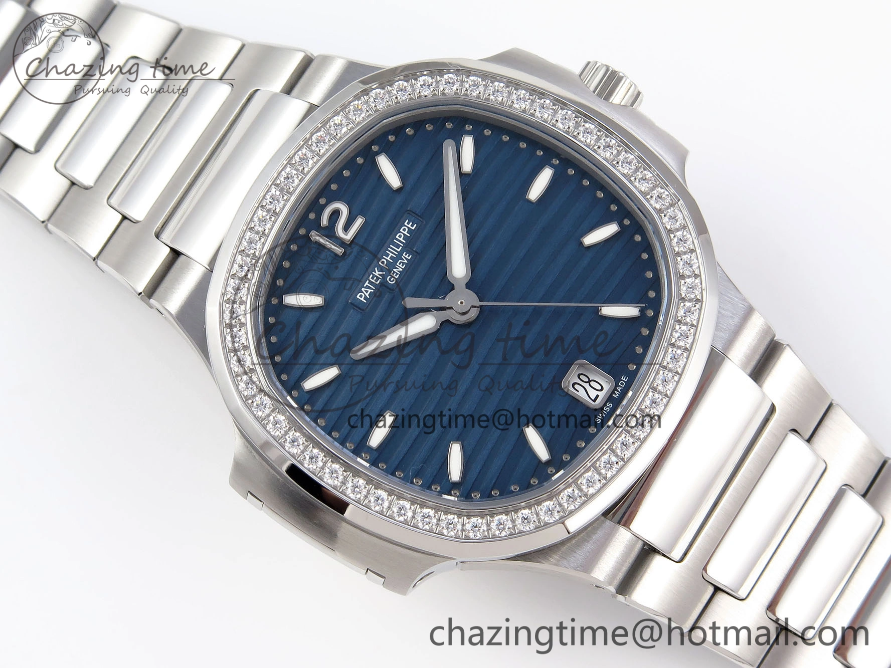 NAUTILUS 7118 LADIES SS PPF 1:1 BEST EDITION BLUE DIAL DIAMONDS BEZEL ON SS BRACELET 324CS