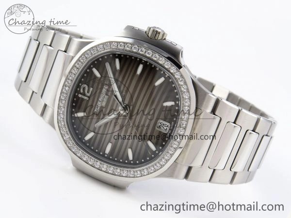 NAUTILUS 7118 LADIES SS PPF 1:1 BEST EDITION BROWN DIAL DIAMONDS BEZEL ON SS BRACELET 324CS