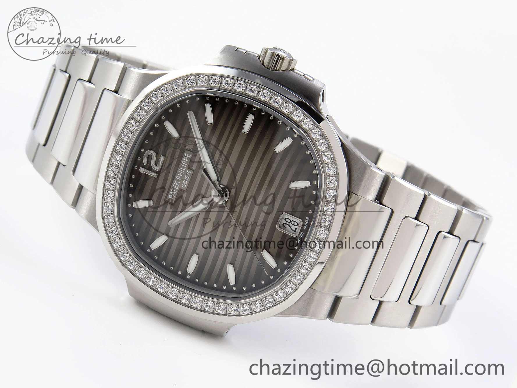 NAUTILUS 7118 LADIES SS PPF 1:1 BEST EDITION BROWN DIAL DIAMONDS BEZEL ON SS BRACELET 324CS