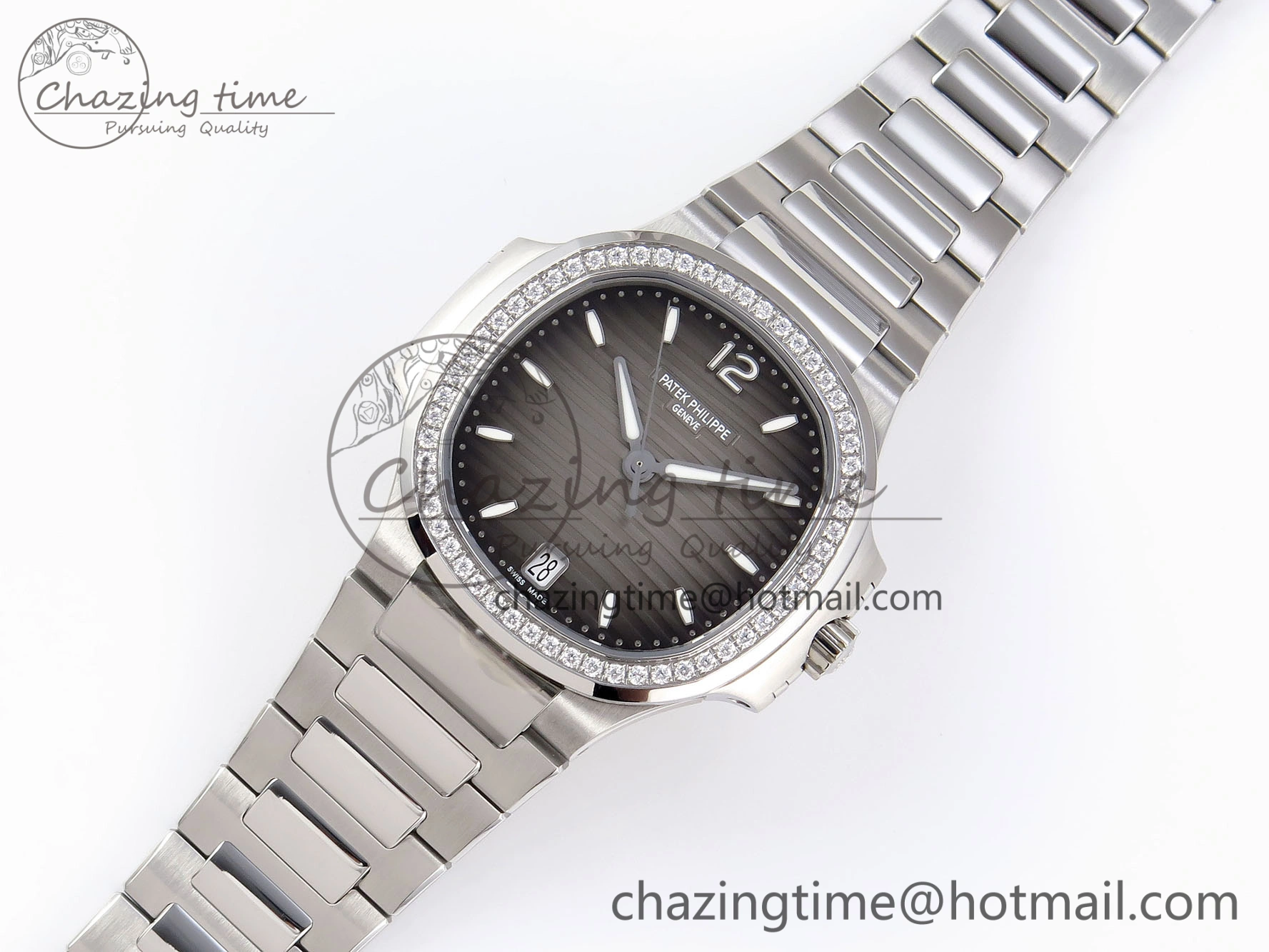 NAUTILUS 7118 LADIES SS PPF 1:1 BEST EDITION BROWN DIAL DIAMONDS BEZEL ON SS BRACELET 324CS