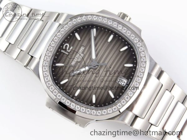 NAUTILUS 7118 LADIES SS PPF 1:1 BEST EDITION BROWN DIAL DIAMONDS BEZEL ON SS BRACELET 324CS