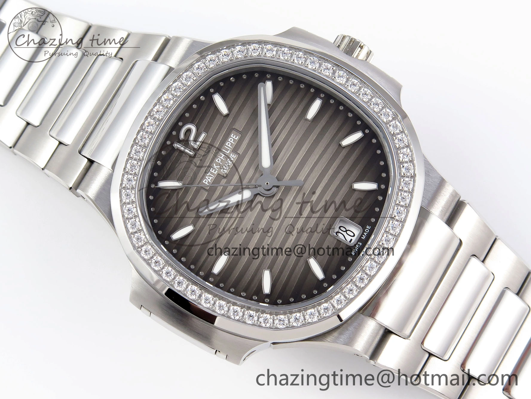 NAUTILUS 7118 LADIES SS PPF 1:1 BEST EDITION BROWN DIAL DIAMONDS BEZEL ON SS BRACELET 324CS