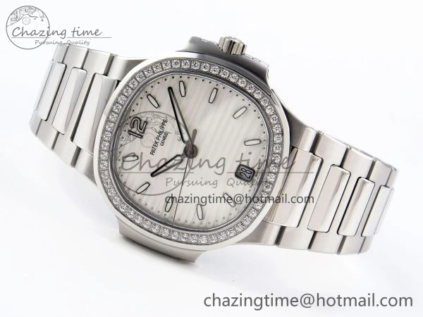 NAUTILUS 7118 LADIES SS PPF 1:1 BEST EDITION WHITE DIAL DIAMONDS BEZEL ON SS BRACELET 324CS