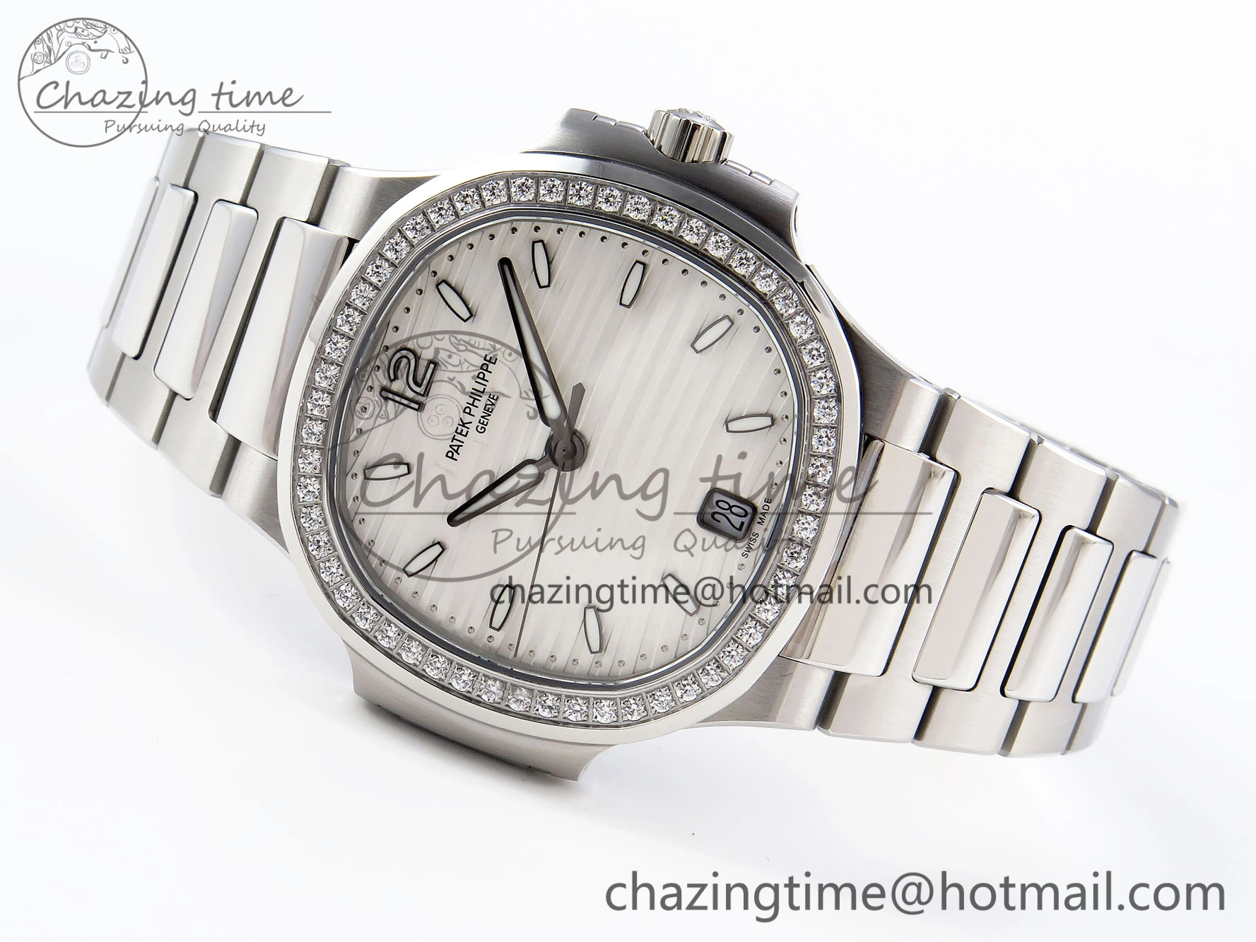 NAUTILUS 7118 LADIES SS PPF 1:1 BEST EDITION WHITE DIAL DIAMONDS BEZEL ON SS BRACELET 324CS