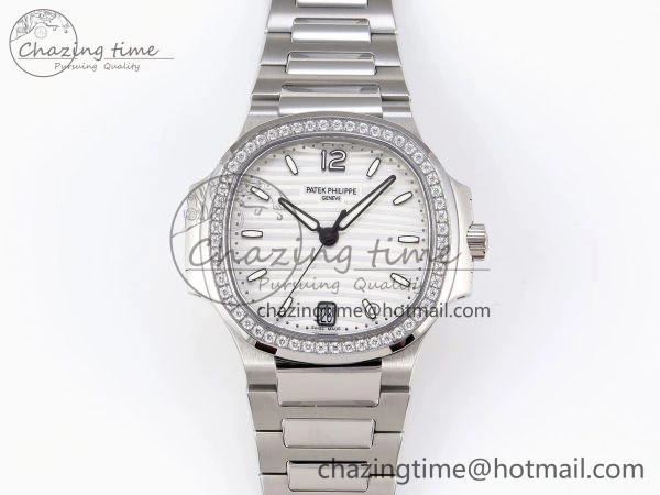 NAUTILUS 7118 LADIES SS PPF 1:1 BEST EDITION WHITE DIAL DIAMONDS BEZEL ON SS BRACELET 324CS