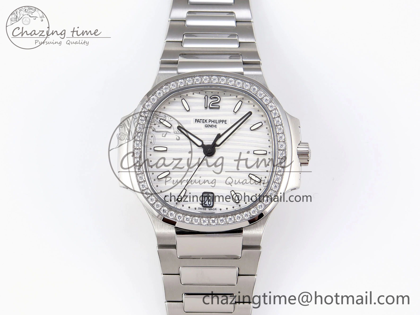 NAUTILUS 7118 LADIES SS PPF 1:1 BEST EDITION WHITE DIAL DIAMONDS BEZEL ON SS BRACELET 324CS