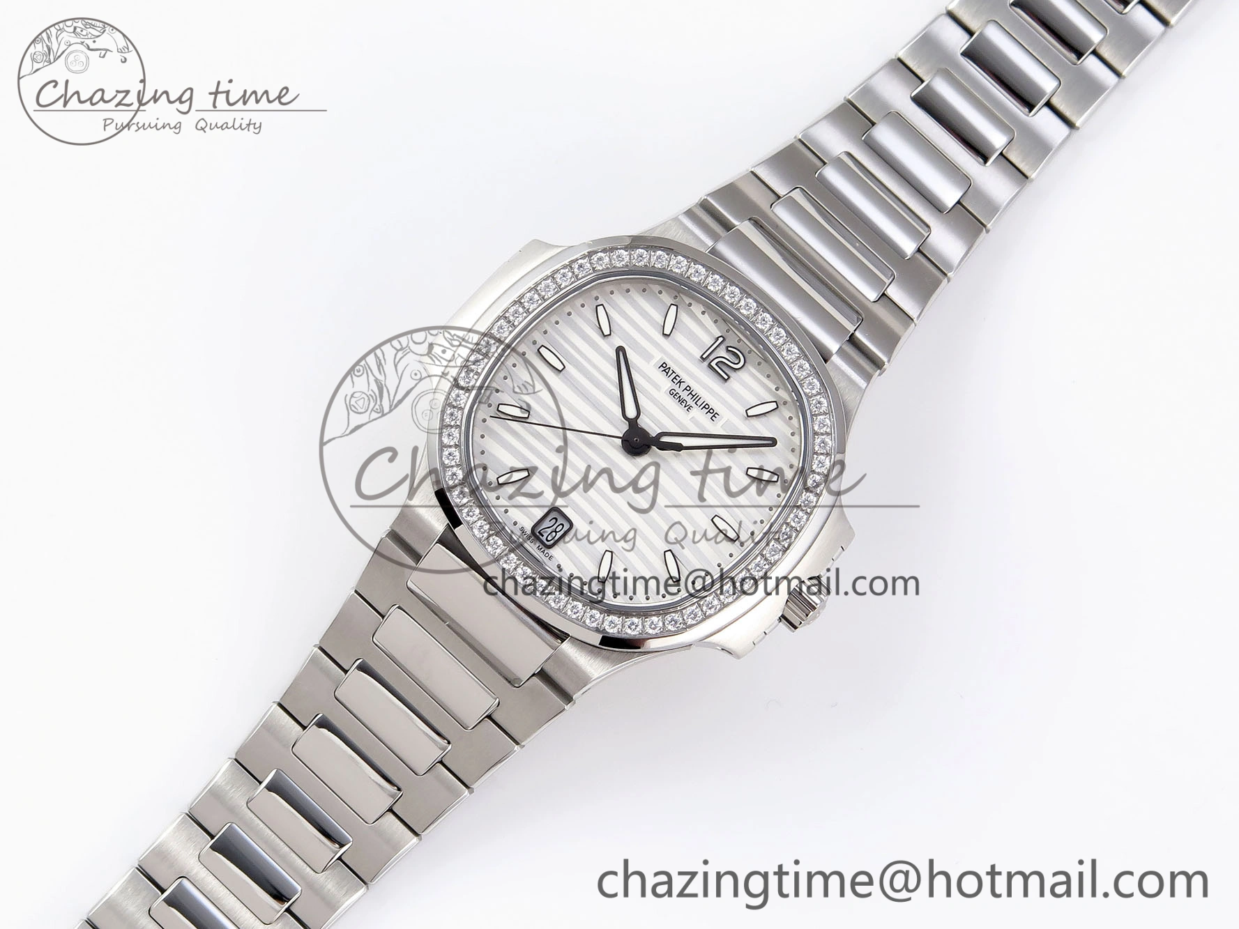 NAUTILUS 7118 LADIES SS PPF 1:1 BEST EDITION WHITE DIAL DIAMONDS BEZEL ON SS BRACELET 324CS