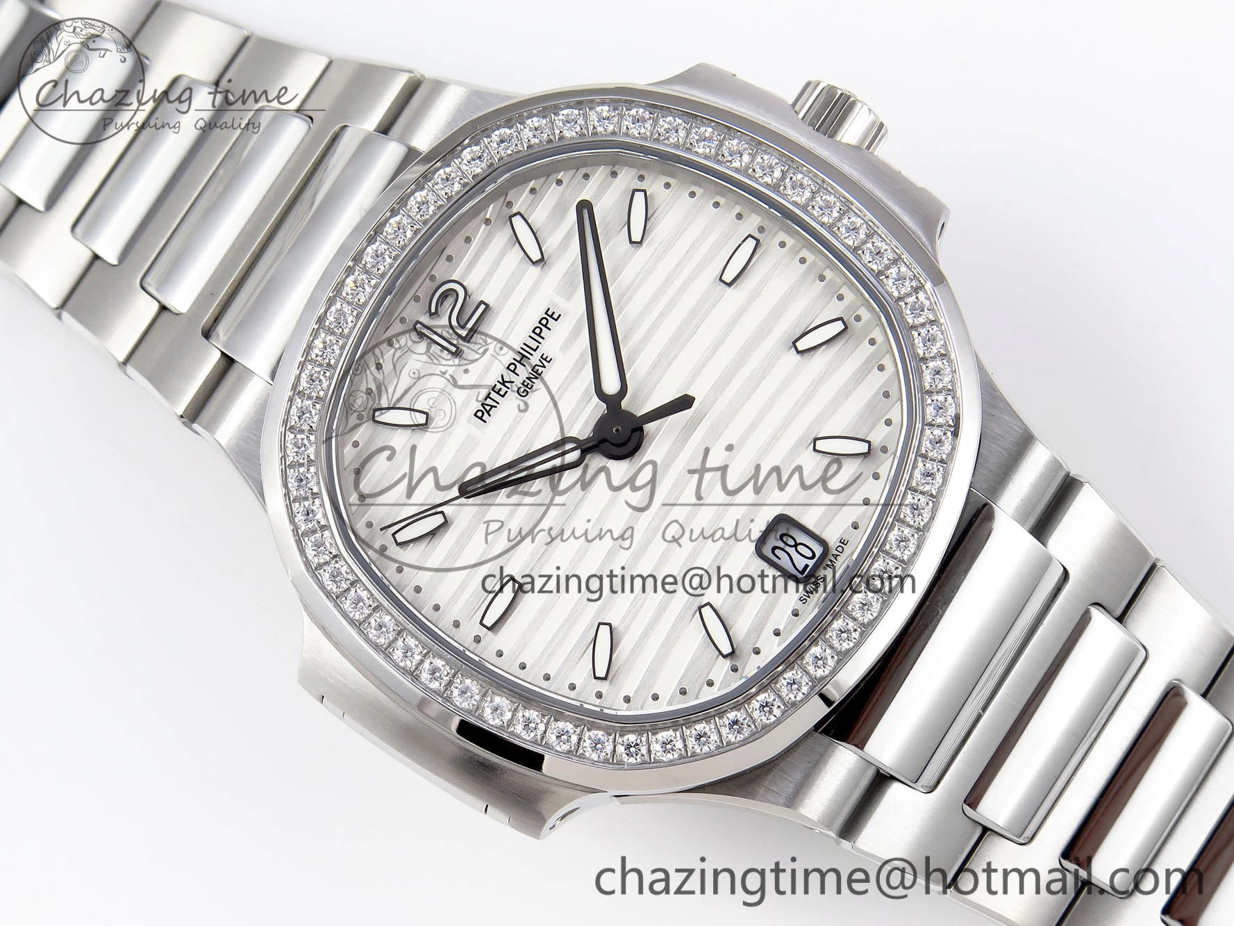 NAUTILUS 7118 LADIES SS PPF 1:1 BEST EDITION WHITE DIAL DIAMONDS BEZEL ON SS BRACELET 324CS